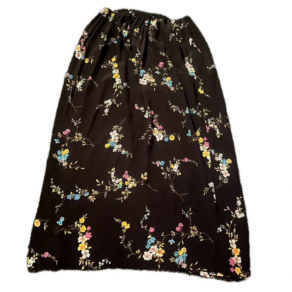 Vintage 90s Black Floral Elastic Maxi Skirt Boho Sprig Print Sz M Western Prarie